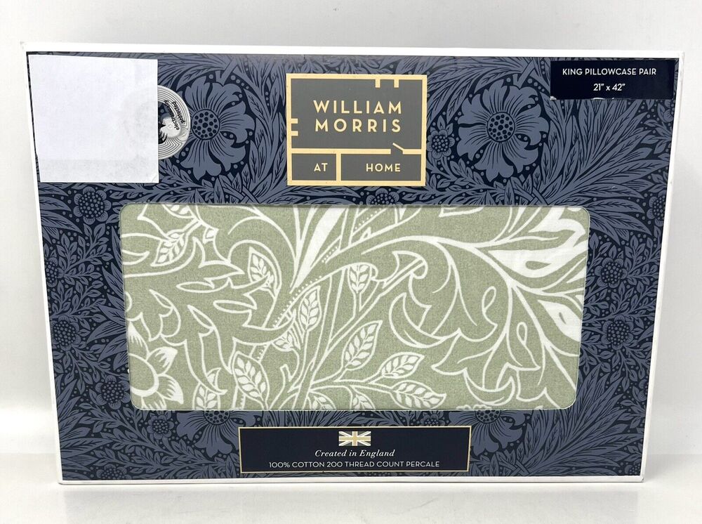 WILLIAM MORRIS Cherwell Tonal Sage Green KING Pillowcases Cotton Percale 2